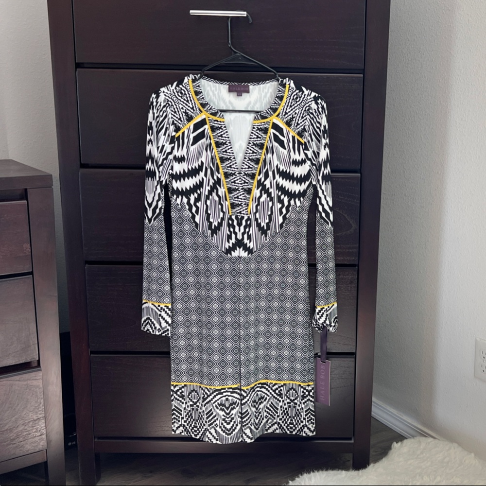 Hale Bob Black and White Patterned Dress with Yellow Accents